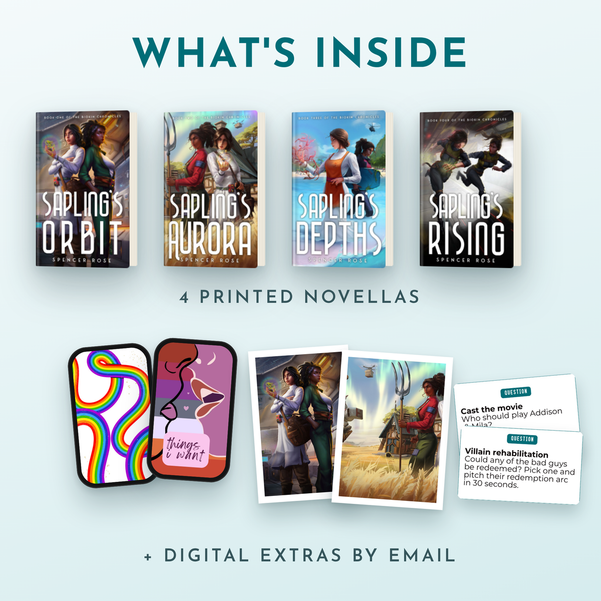 What's inside: four printed novellas plus digital wallpapers, art prints and book club cards