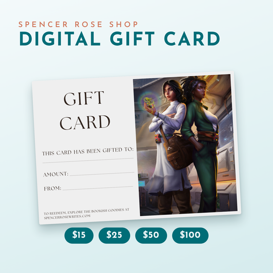 Spencer Rose gift card with character art, in $15, $25, $50 and $100