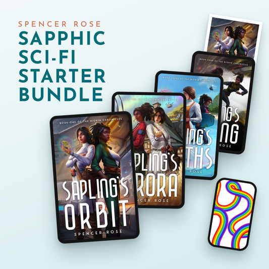 Sapphic Sci-Fi Starter Bundle: four Biokin Chronicles ebooks on tablets with a character art print and phone wallpaper