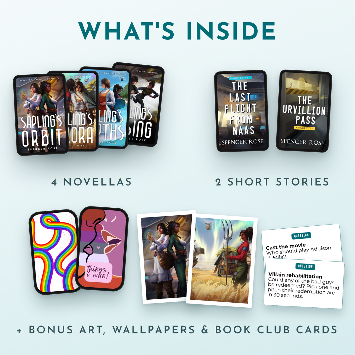 What's inside: 4 novellas, 2 short stories, wallpapers, art prints and book club cards